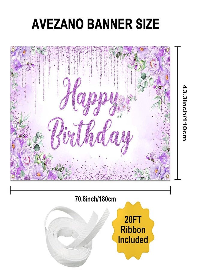 Avezano Happy Birthday Backdrop Banner for Girls Women Happy Birthday Party Decorations Floral Glitters Bday Banner Party Supplies (Purple, 6x3.6ft) - Image 4